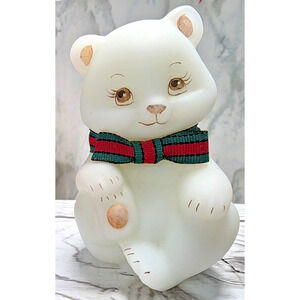 Fenton Opaque White, Christmas Bear w/Holiday Scarf, Hand Painted/Signed 3.5"x2"